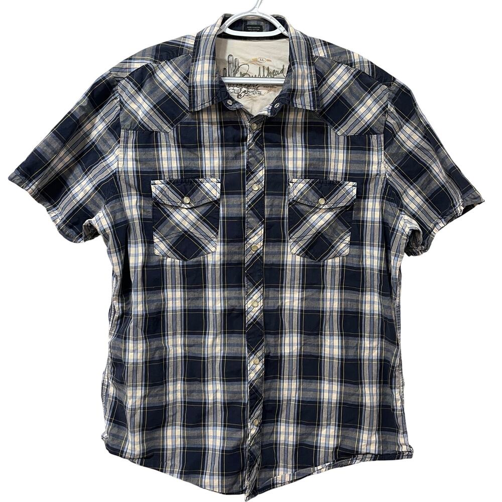 Bullhead Men's Western Short Sleeve Pearl Snap Shirt Blue Plaid XL